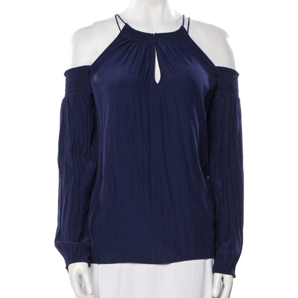 Ramy Brook Blue Satin Cold Shoulder Long Sleeve Blouse Women’s Size XS